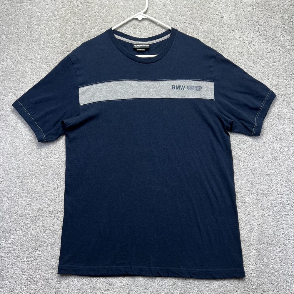 VINTAGE BMW Lifestyle T-Shirt Mens Large Navy Blue Grey Stripe Cars Made in USA